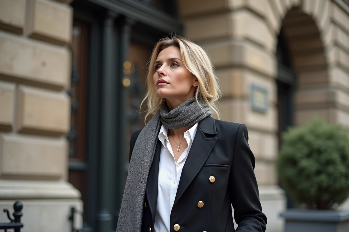 Femme élégante en blazer dans un bâtiment historique