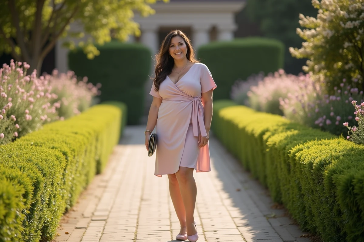 Femme grande taille en robe pastel dans un jardin ensoleille