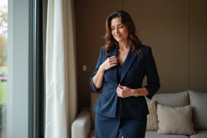 Femme &eacute;l&eacute;gante en robe bleu marine dans un int&eacute;rieur cosy