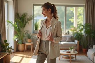 Femme élégante en pantalon haut de taille et blouse douce