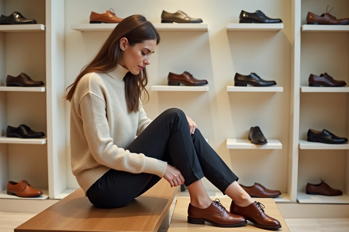 Femme essayant des chaussures en cuir dans une boutique pour trouver sa pointure UK