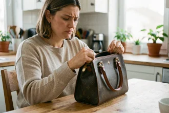 Femme inspectant un faux sac Louis Vuitton acheté sur Vinted, examinant les coutures et la quincaillerie dorée à la maison