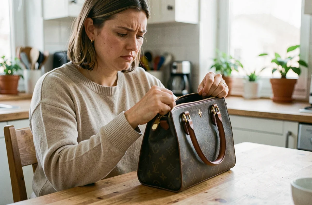 Femme inspectant un faux sac Louis Vuitton acheté sur Vinted, examinant les coutures et la quincaillerie dorée à la maison