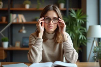 Femme d'âge moyen portant des lunettes rectangulaires dans un bureau cosy