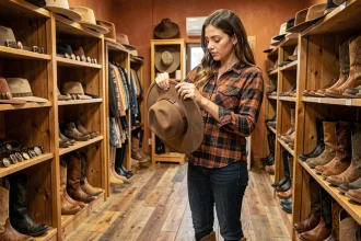 Jeune femme essayant un chapeau de cowboy dans un magasin western en France, entourée d'articles d'équitation et de rodéo