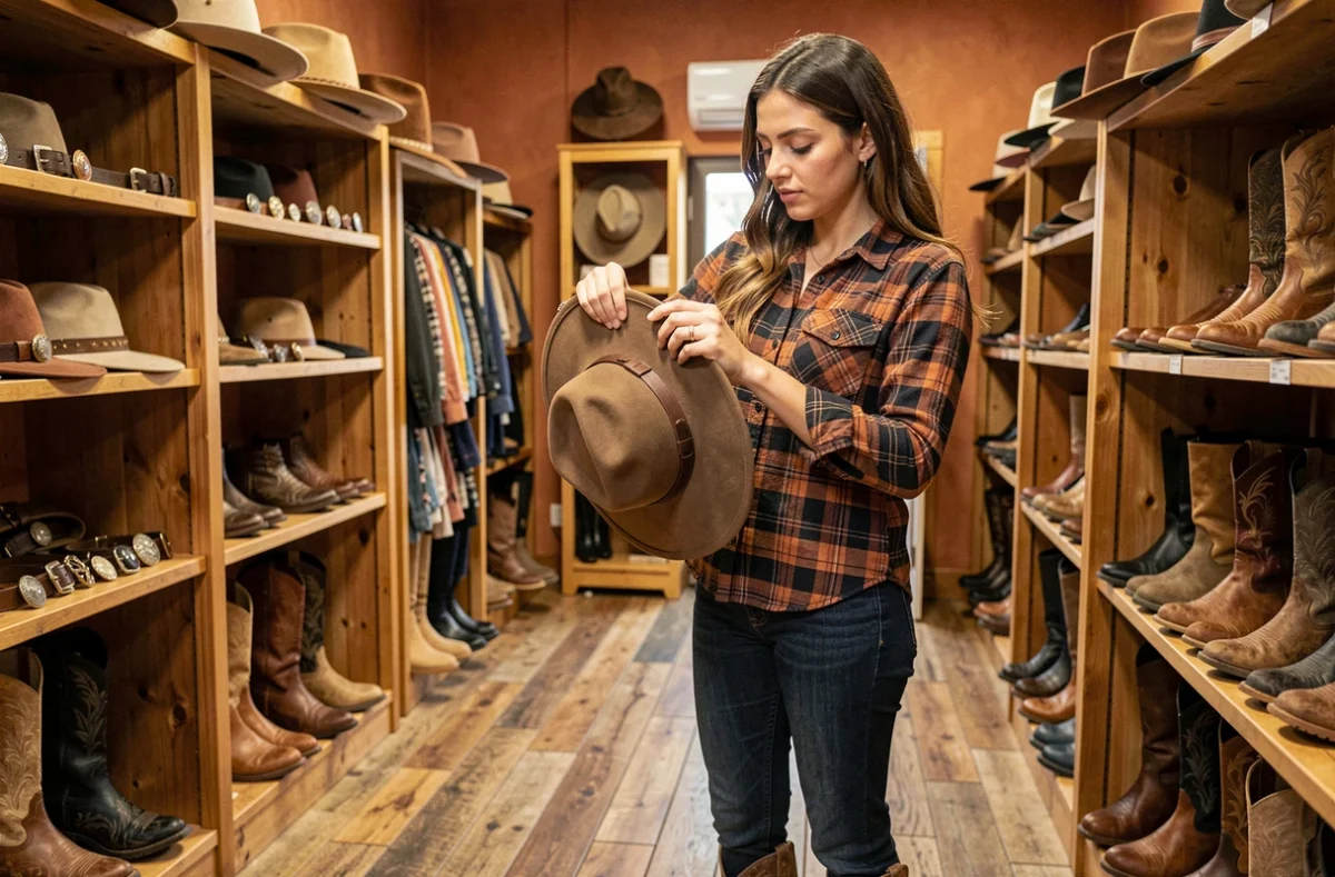 Jeune femme essayant un chapeau de cowboy dans un magasin western en France, entourée d'articles d'équitation et de rodéo