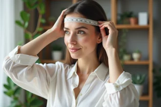 Jeune femme en blouse blanche mesure sa tête avec un ruban