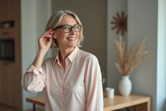 Femme regardant dans un miroir avec lunettes pastel