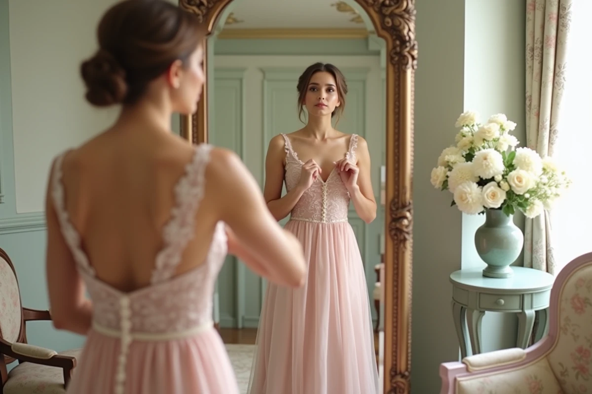 Jeune femme ajustant sa robe de demoiselle d