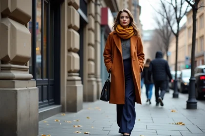 Femme &eacute;l&eacute;gante marche dans la ville en hiver avec manteau et &eacute;charpe