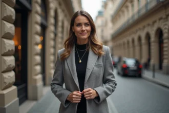 Femme élégante en manteau en ville avec poche non cousue