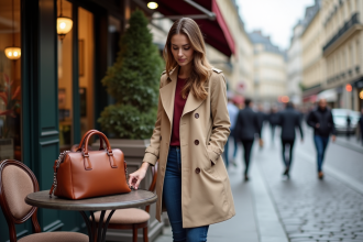 Femme élégante devant un café parisien avec sacs à main
