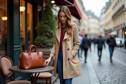 Femme élégante devant un café parisien avec sacs à main