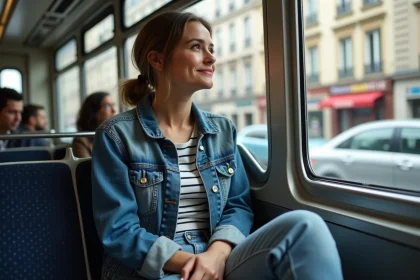 Jeune femme parisienne dans le tram en r&eacute;flexion