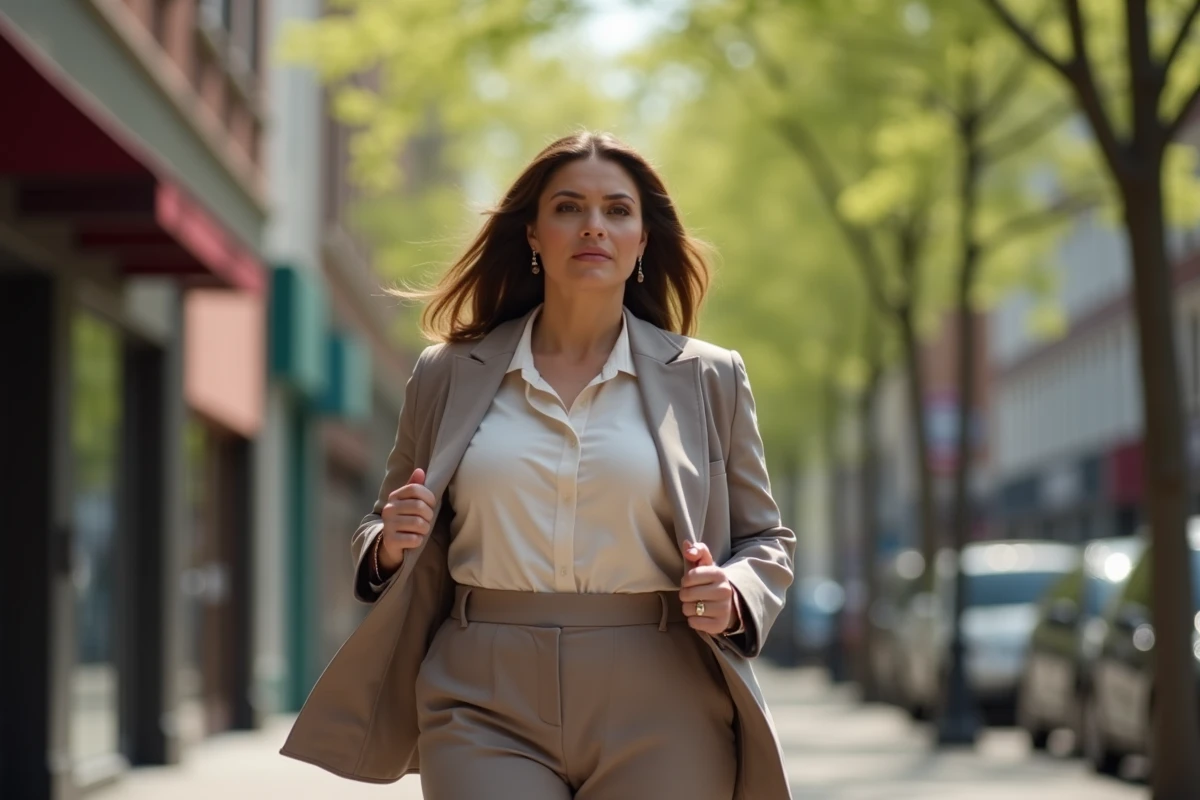 Femme confiante en pantalon et blouse en ville