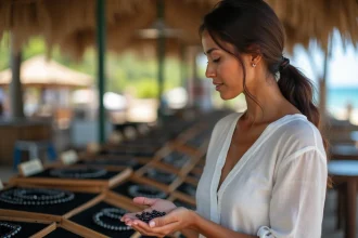 Femme polynésienne examinant une perle de Tahiti noire sur un marché artisanal de Papeete