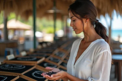 Femme polynésienne examinant une perle de Tahiti noire sur un marché artisanal de Papeete