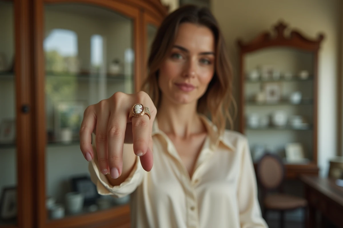 Femme portant une bague en camée artisanale dans un cadre de boutique d'antiquités élégante