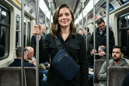 Femme en métro portant un sac antivol bandoulière avec fermetures cachées et sangle anti-coupe