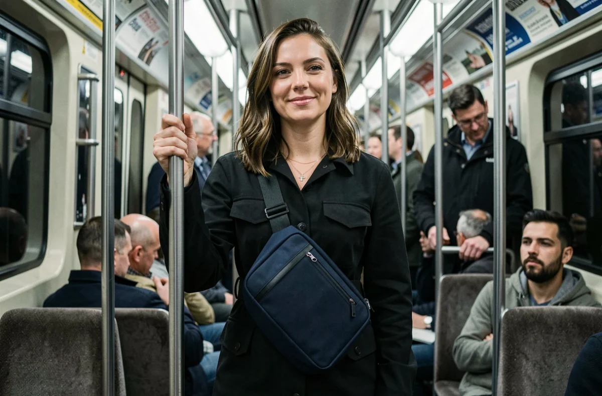 Femme en métro portant un sac antivol bandoulière avec fermetures cachées et sangle anti-coupe