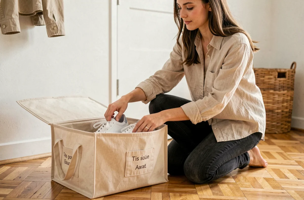 Femme rangeant ses chaussures dans un sac de rangement en tissu dans une entrée minimaliste