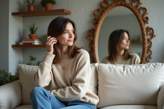 Femme assise sur un canapé regardant son reflet dans un miroir