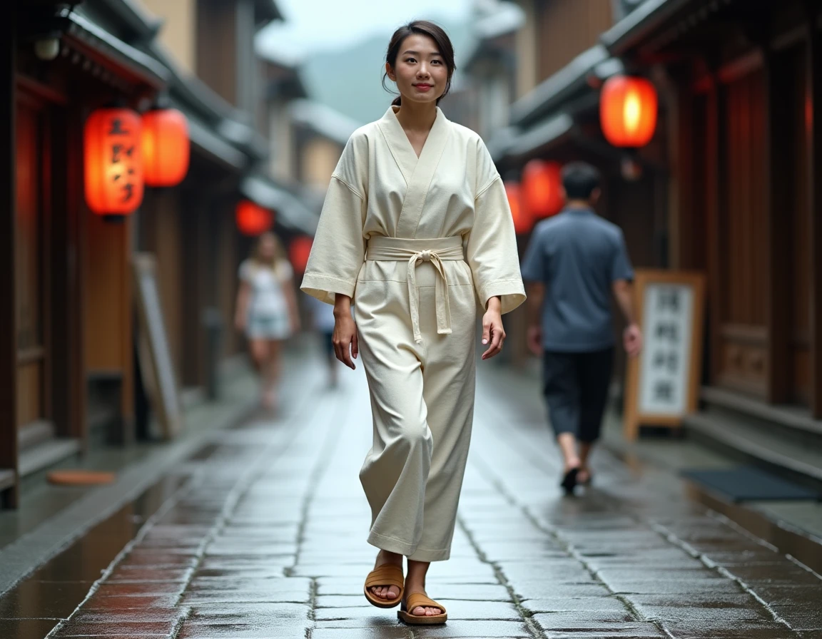 Femme portant des sandales geta en bois marchant sur des pavés mouillés dans un quartier historique japonais