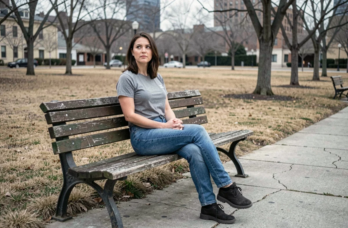 Femme seule sur un banc de parc urbain, regard perdu dans le vide, atmosphère mélancolique et introspective