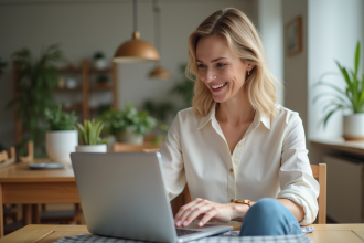 Femme souriante utilisant un ordinateur pour faire du shopping en ligne