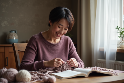 Femme tricotant dans une maison chaleureuse