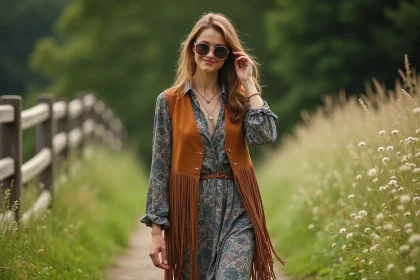 Femme en robe paisley dans un parc verdoyant
