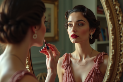 Femme élégante appliquant rouge à lèvres dans un décor parisien