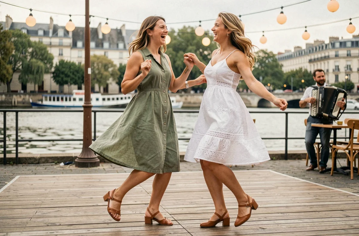 Deux femmes dansant à la guinguette en robes estivales avec sandales plates et talons Mary Jane