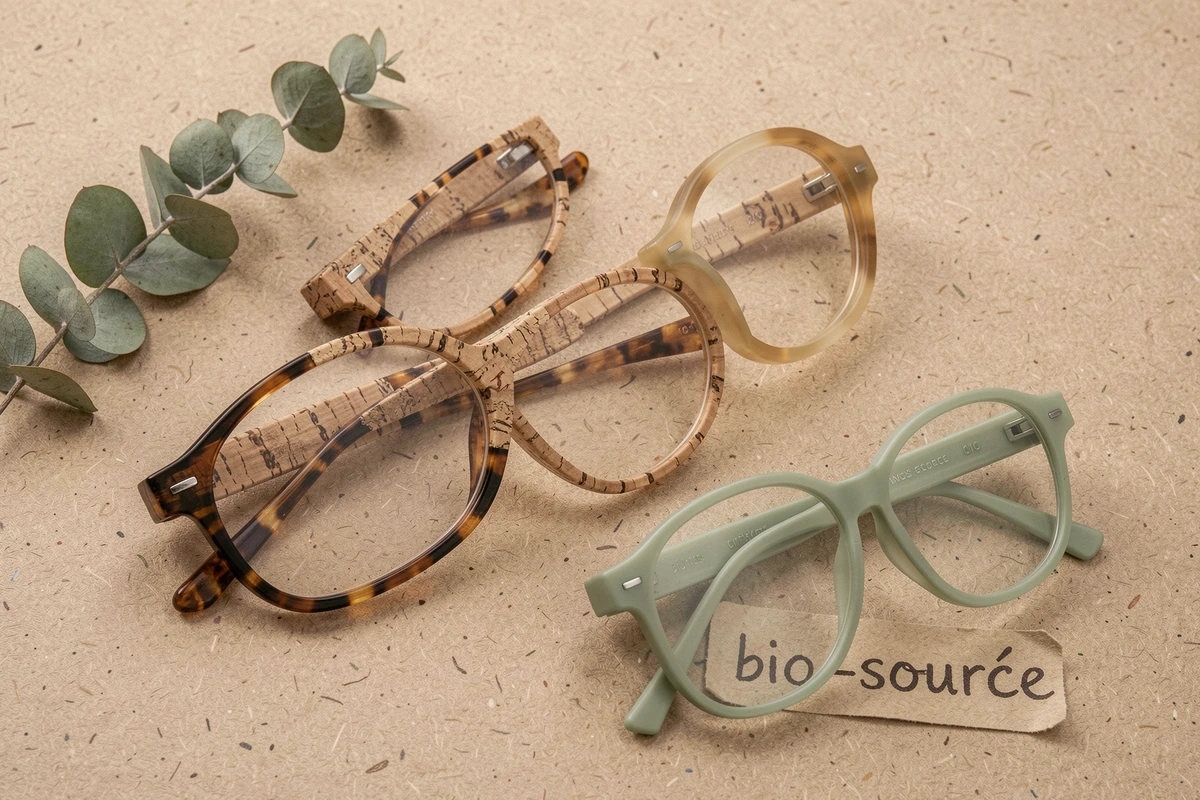 Flat-lay de trois paires de lunettes écoresponsables en matériaux durables comme le liège, l'acétate recyclé et le bio-plastique sur fond de papier recyclé