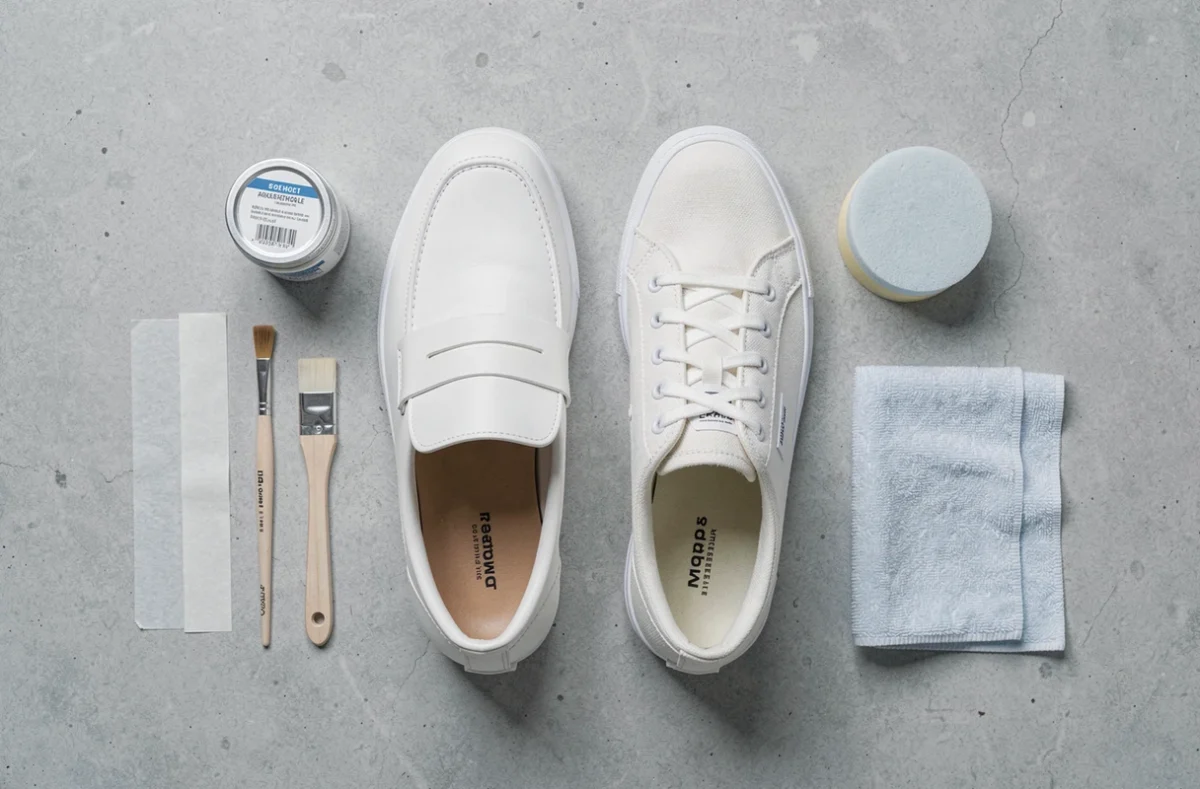 Vue du dessus d'une paire de chaussures blanches en cuir et textile entourées de matériel de peinture pour chaussures sur fond béton gris