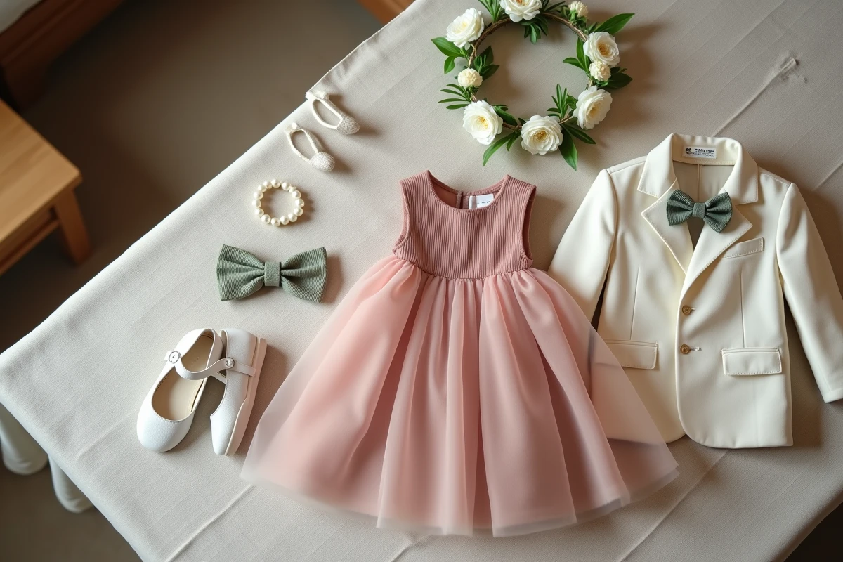 Flatlay des tenues de cérémonie enfant harmonisées, robe organza rose poudré, costume lin ivoire et accessoires de cortège