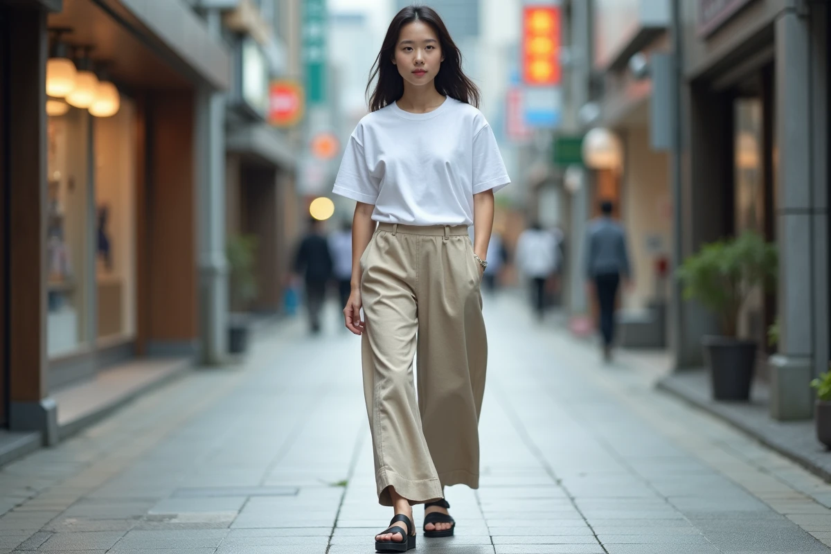 Jeune femme japonaise portant des geta modernes avec semelle en caoutchouc dans une rue tendance de Tokyo, associées à une tenue streetwear contemporaine en lin beige