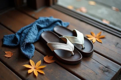 Paire de geta traditionnelles japonaises en bois laqué avec sangles en coton blanc posées sur une terrasse en bois ancienne à Kyoto, entourées de feuilles d'érable tombées