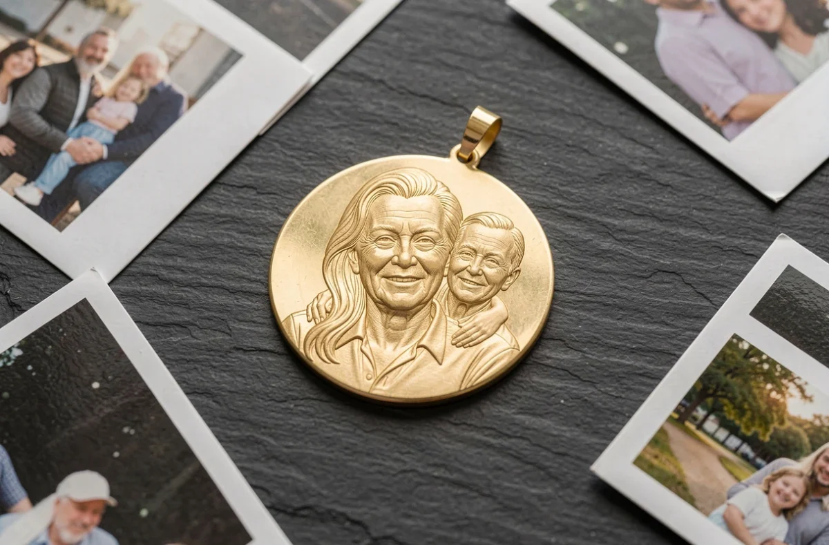 Gros plan d'un pendentif rond en or gravé avec portrait photo posé sur ardoise avec tirages photo