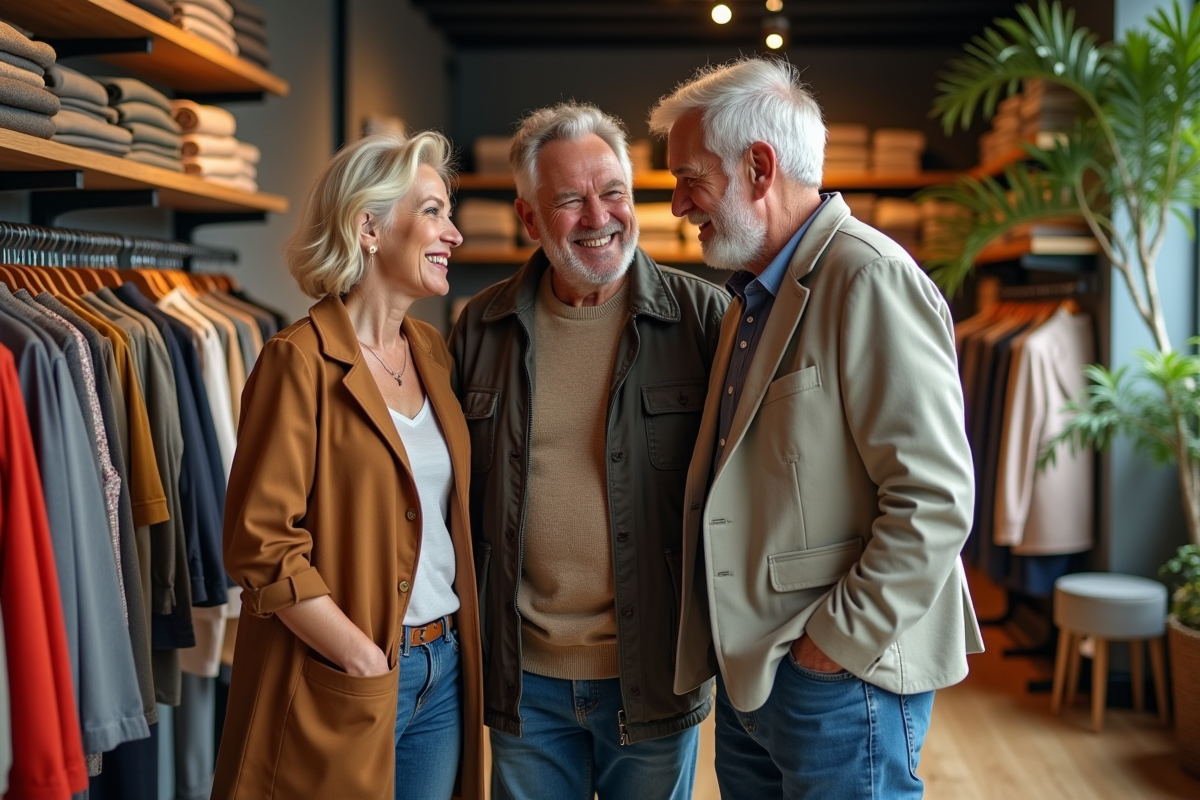 Trois personnes dans une boutique de vêtements moderne
