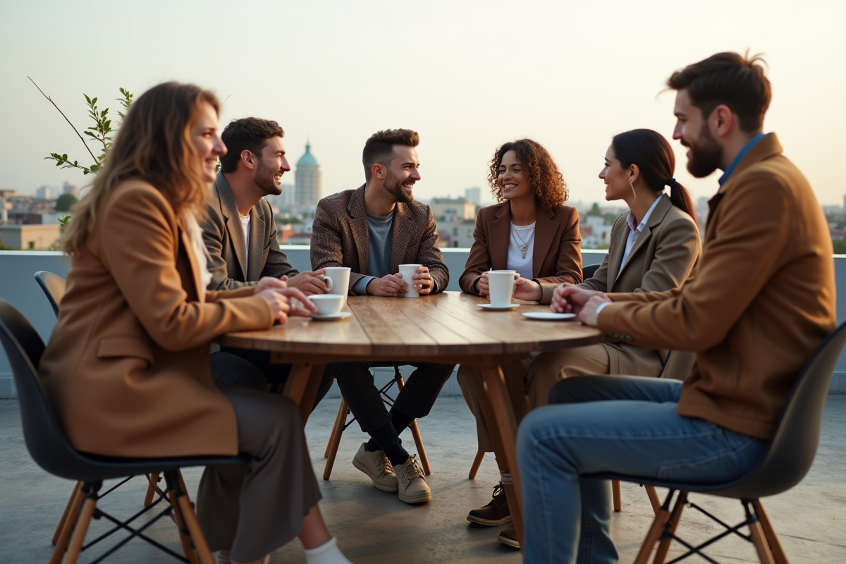 Groupe de jeunes sur un rooftop en tenue tendance et décontractée
