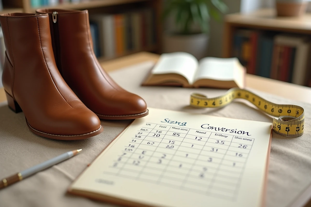 Guide de conversion de pointures UK femme avec boots en cuir et tableau de tailles