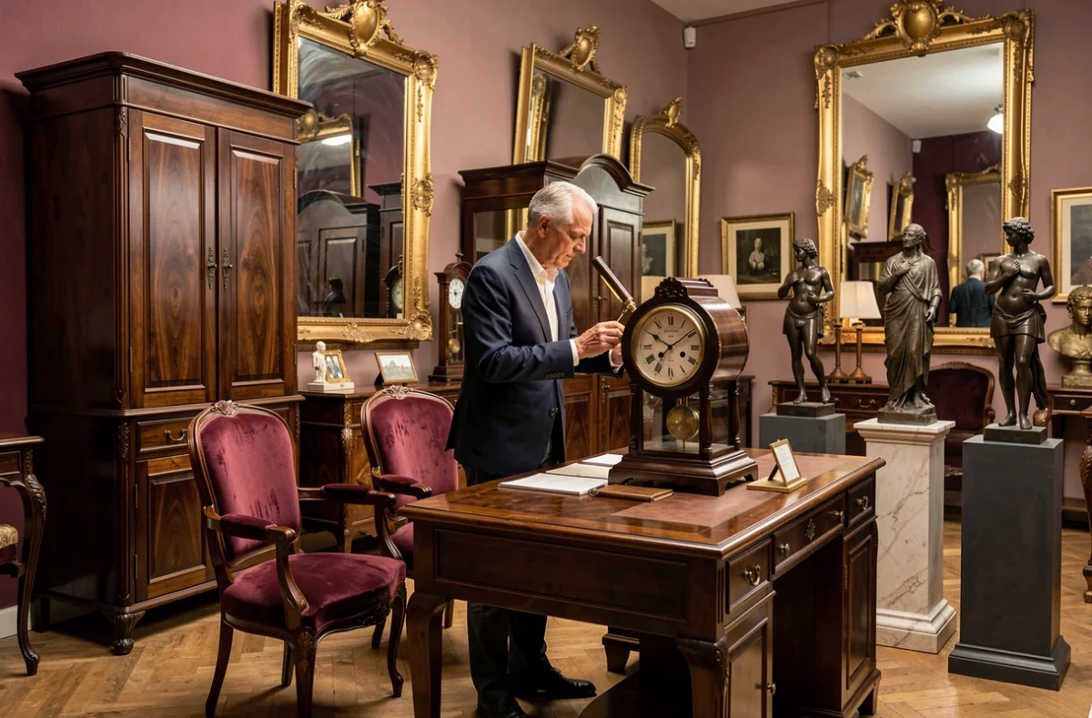 Showroom de Guillien Bruno antiquaire à Lyon, avec miroirs dorés, armoires en acajou, chaises Louis XVI et bronzes présentés dans un cadre formel et élégant.