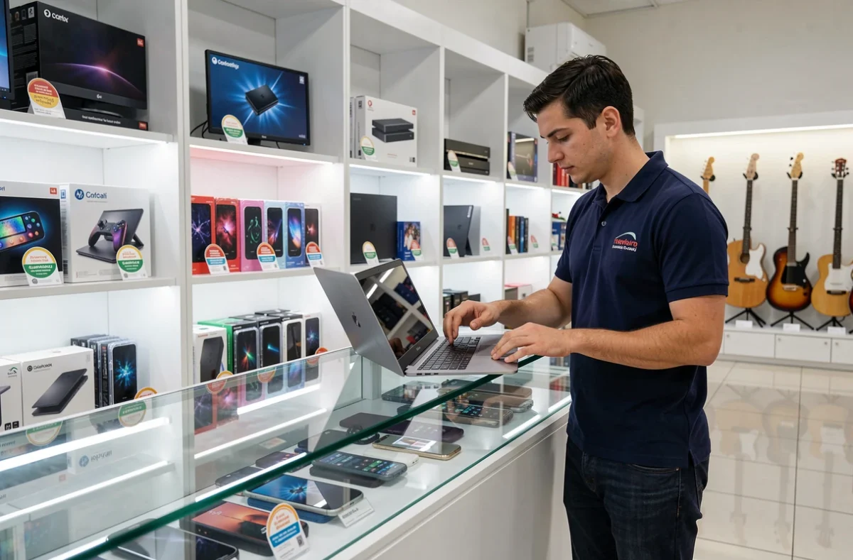 Employé de Happy Cash Nantes inspectant un ordinateur portable d'occasion au comptoir du magasin