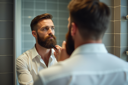 Homme en train de coiffer sa barbe dans la salle de bain moderne
