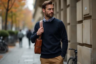 Homme en pull marine portant une besace en cuir tan sur l'épaule dans une rue pavée parisienne en automne