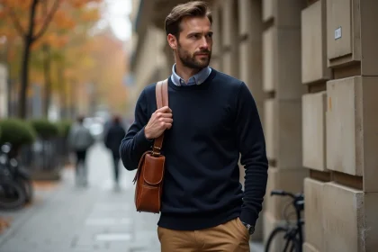 Homme en pull marine portant une besace en cuir tan sur l'épaule dans une rue pavée parisienne en automne