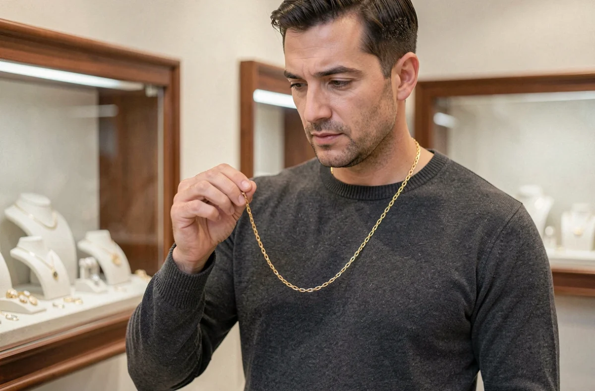 Homme en boutique de bijouterie examinant un collier en or pour évaluer son authenticité