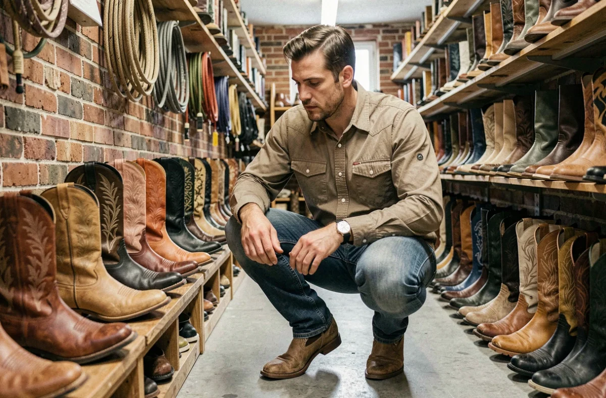 Homme examinant des bottes western en cuir dans un magasin spécialisé rodéo en France, large sélection de chaussures visibles en arrière-plan