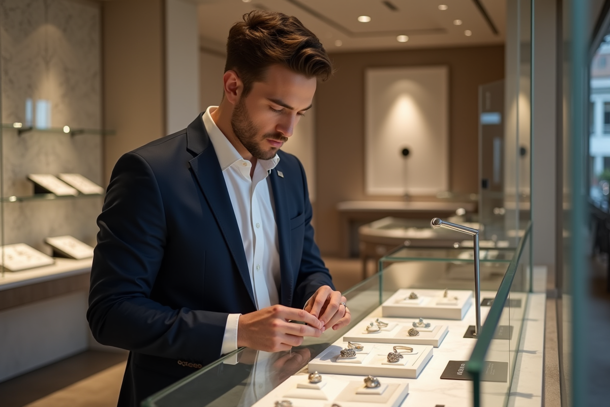 Jeune homme examinant des anneaux dans une bijouterie moderne